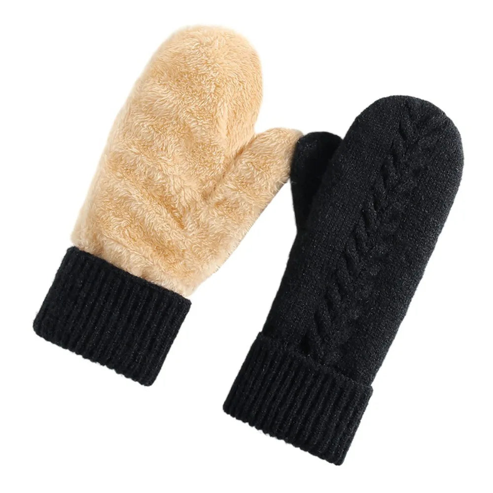 Double-Layer Mittens with Fleece Lining Winter Gloves for Women Warm Knitted Mittens Winter Sports | Sansoti