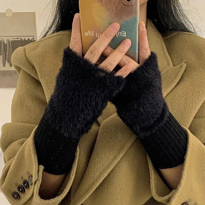 Fingerless gloves plush women's winter warm typing phone touchscreen one size comfortable soft | Sansoti