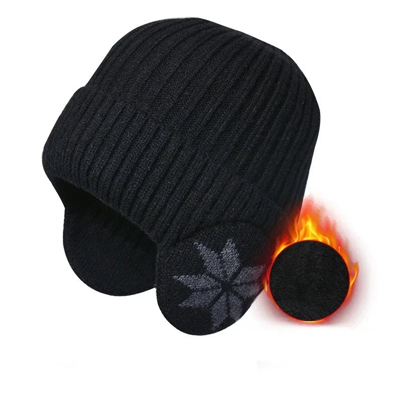 Gestrickte Wintermütze mit Ohrenklappen Unisex Warme Beanie Weiches Futter Schneeflockenmuster Wintersport | Sansoti