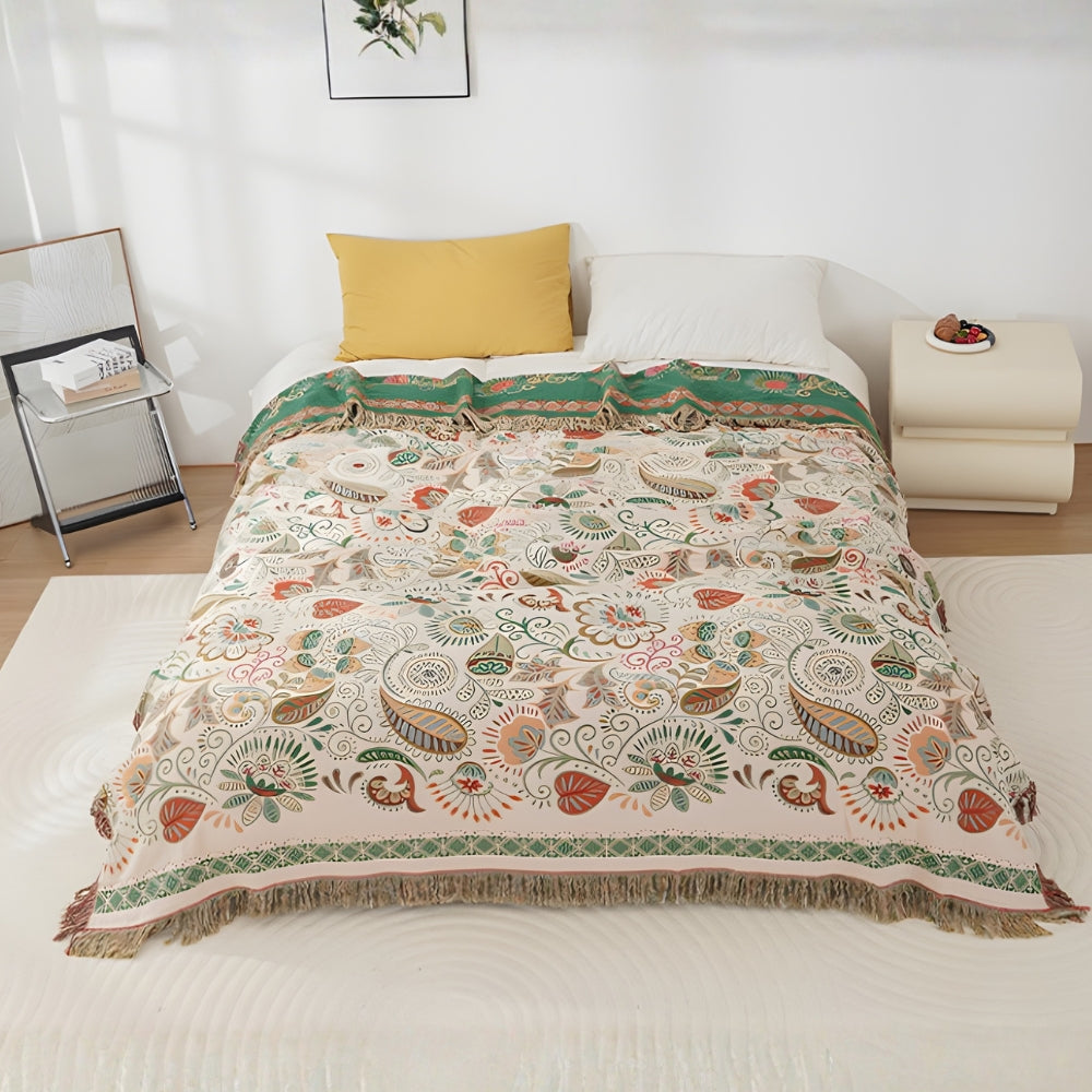 Omkeerbare Bohemien Plaid met Herfstbladeren en Kwastjes – Zachte Katoenen Gauze Deken voor Bank en Bed | Sansoti
