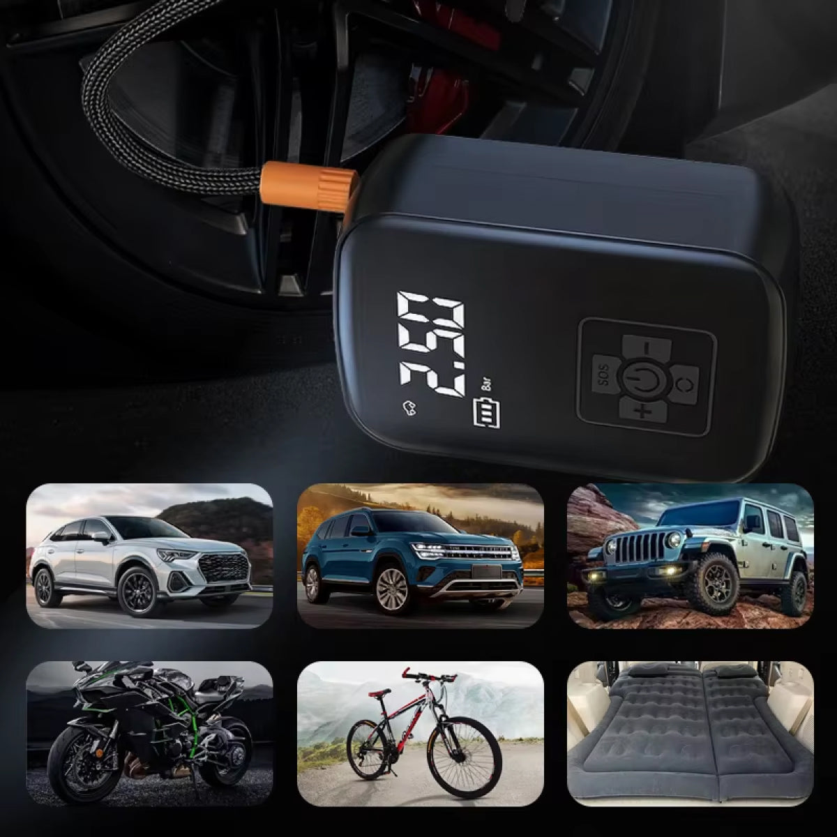 Cordless Digital Tyre Inflator 70L/min Car Motorcycle Bicycle Ball Compressor USB Rechargeable LED Lighting | Sansoti