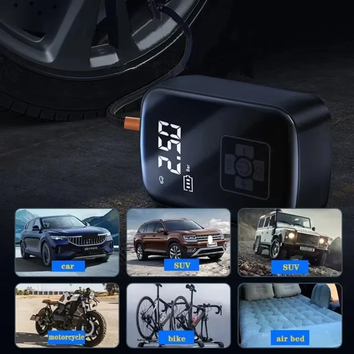 Cordless Digital Tyre Inflator 70L/min Car Motorcycle Bicycle Ball Compressor USB Rechargeable LED Lighting | Sansoti