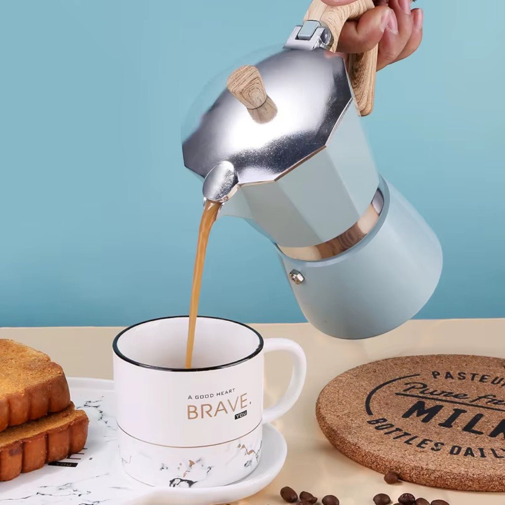 Aluminium-Espressokocher, Blau, Mokkakanne, Herdkanne, 150 ml, 300 ml, italienisches Design, Kaffeezubereitung zu Hause | Sansoti