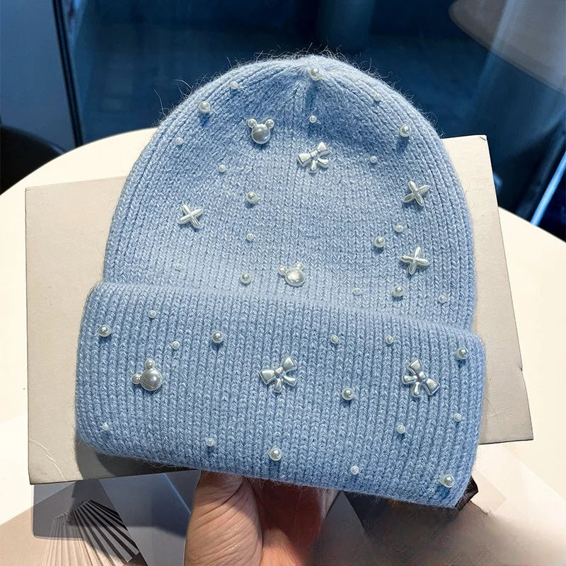 Knitted Winter Hat with Pearl Decoration Wool Felt Women Men Warm Adjustable Cozy Winter Accessory | Sansoti