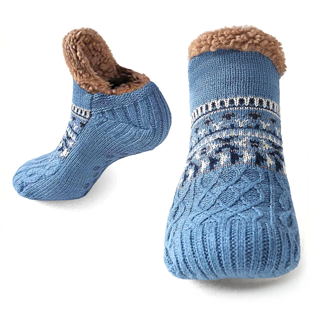 Knitted House Socks with Fleece Lining Non-Slip Sole Winter Slippers Warmth Comfort Indoor Socks | Sansoti
