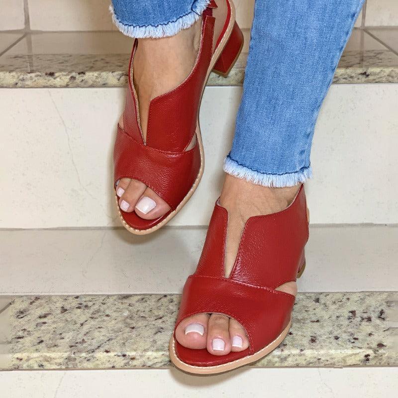 Dames Sandalen met Blokhak Open Teen Elegant Comfortabel Leer Bordeauxrood Zomerschoenen | Sansoti