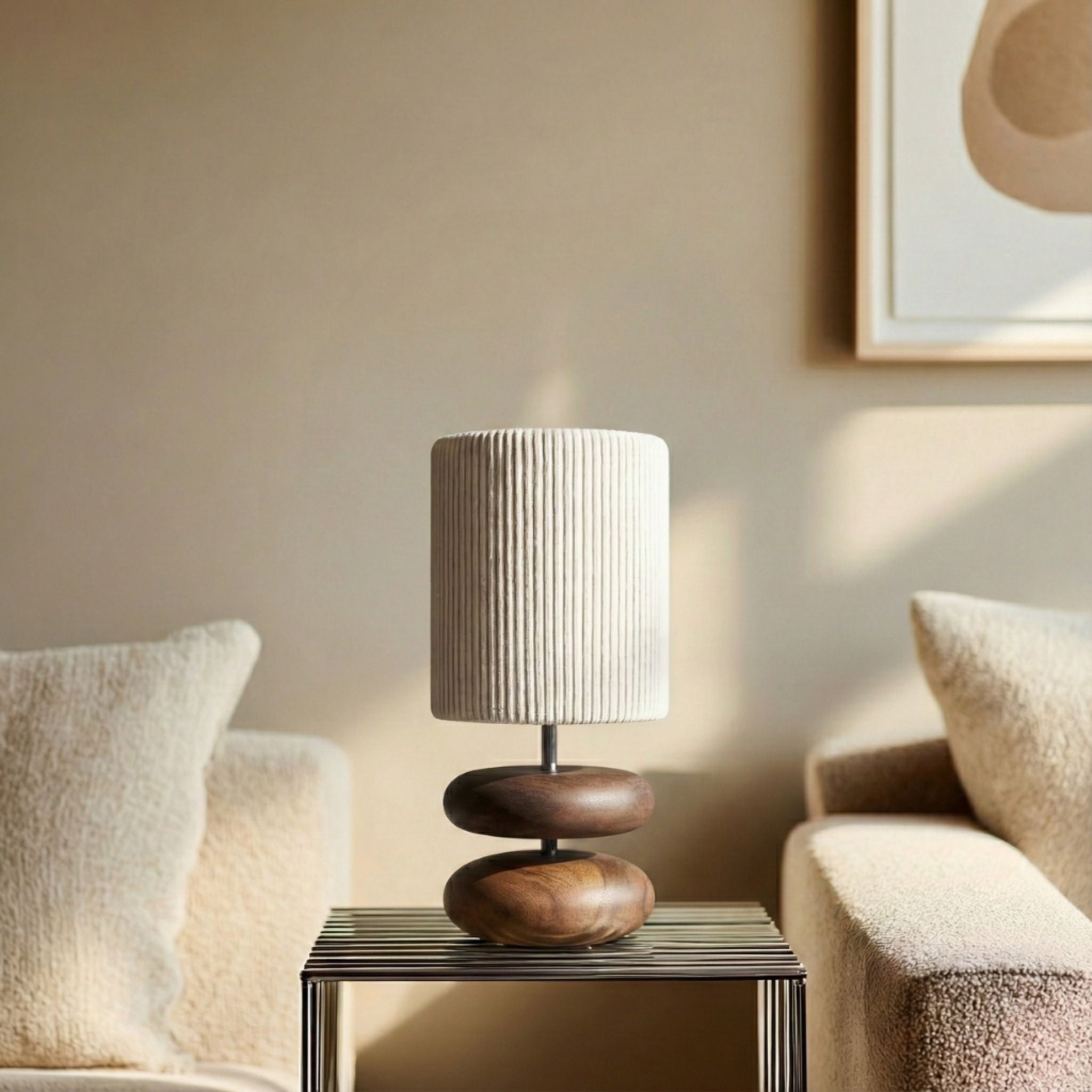 Tafellamp Hout Textiel Donker Bruin Rond Design Nachtkastje | Sansoti