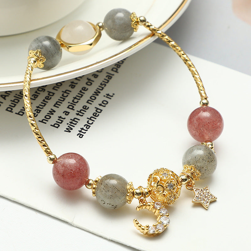 Edelsteinarmband aus Labradorit und Rosenquarz mit Mond-Stern-Anhänger, spiritueller Kristallschmuck für Yoga und Meditation | Sansoti