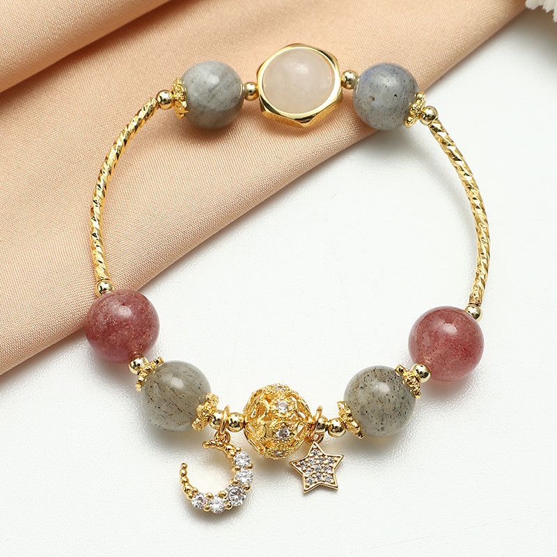 Edelsteinarmband aus Labradorit und Rosenquarz mit Mond-Stern-Anhänger, spiritueller Kristallschmuck für Yoga und Meditation | Sansoti