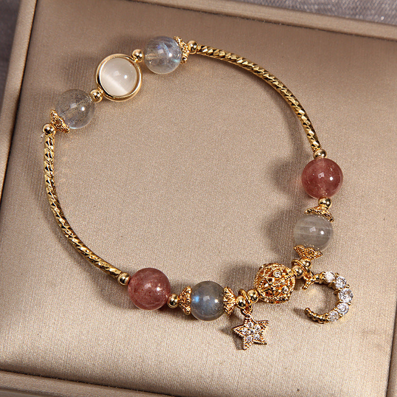 Edelsteinarmband aus Labradorit und Rosenquarz mit Mond-Stern-Anhänger, spiritueller Kristallschmuck für Yoga und Meditation | Sansoti