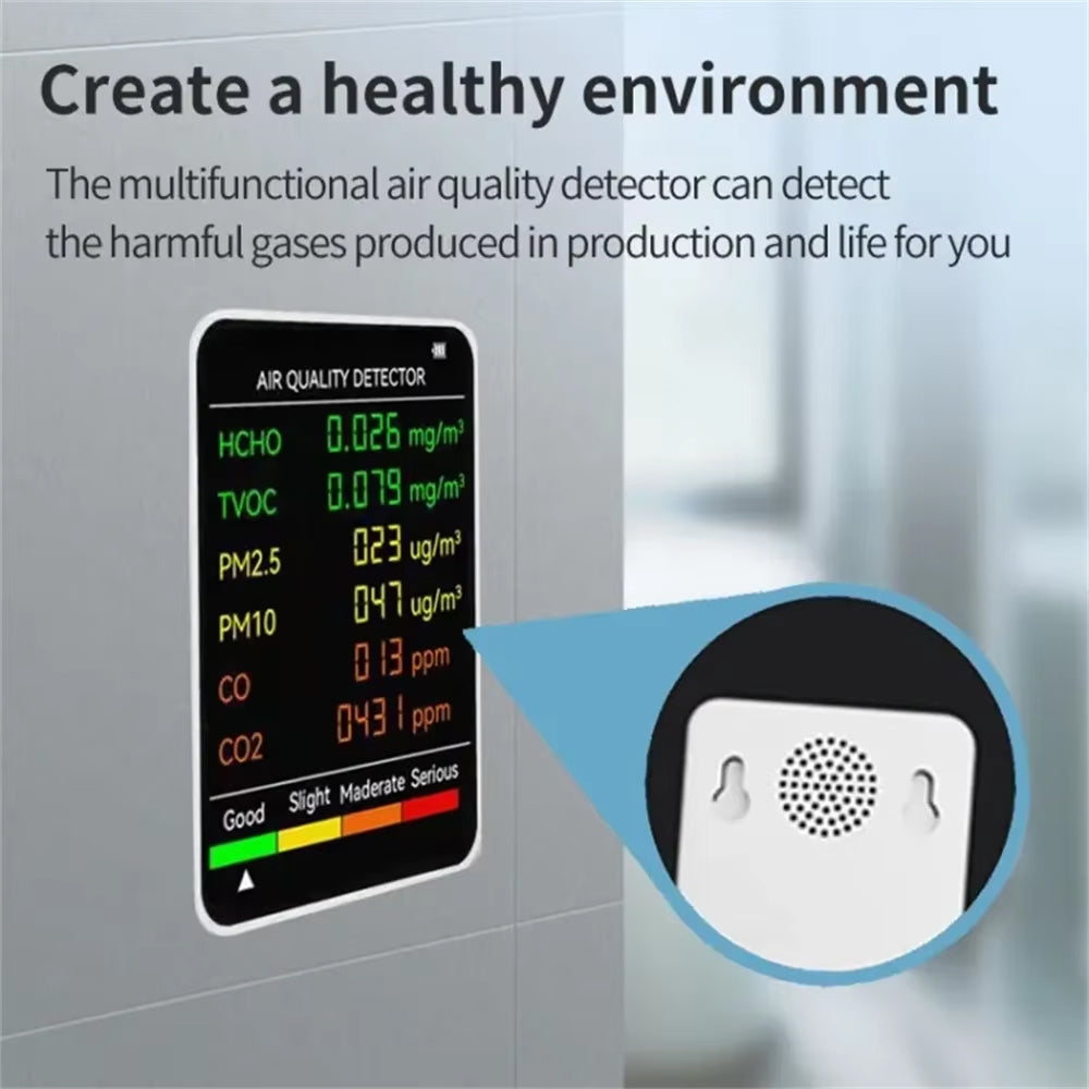 6-in-1 Air Quality Monitor, CO2, Temperature, Humidity, PM2.5, PM10, TVOC, Real-Time Indoor Climate Display | Sansoti