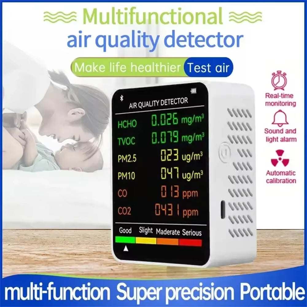 6-in-1 Air Quality Monitor, CO2, Temperature, Humidity, PM2.5, PM10, TVOC, Real-Time Indoor Climate Display | Sansoti