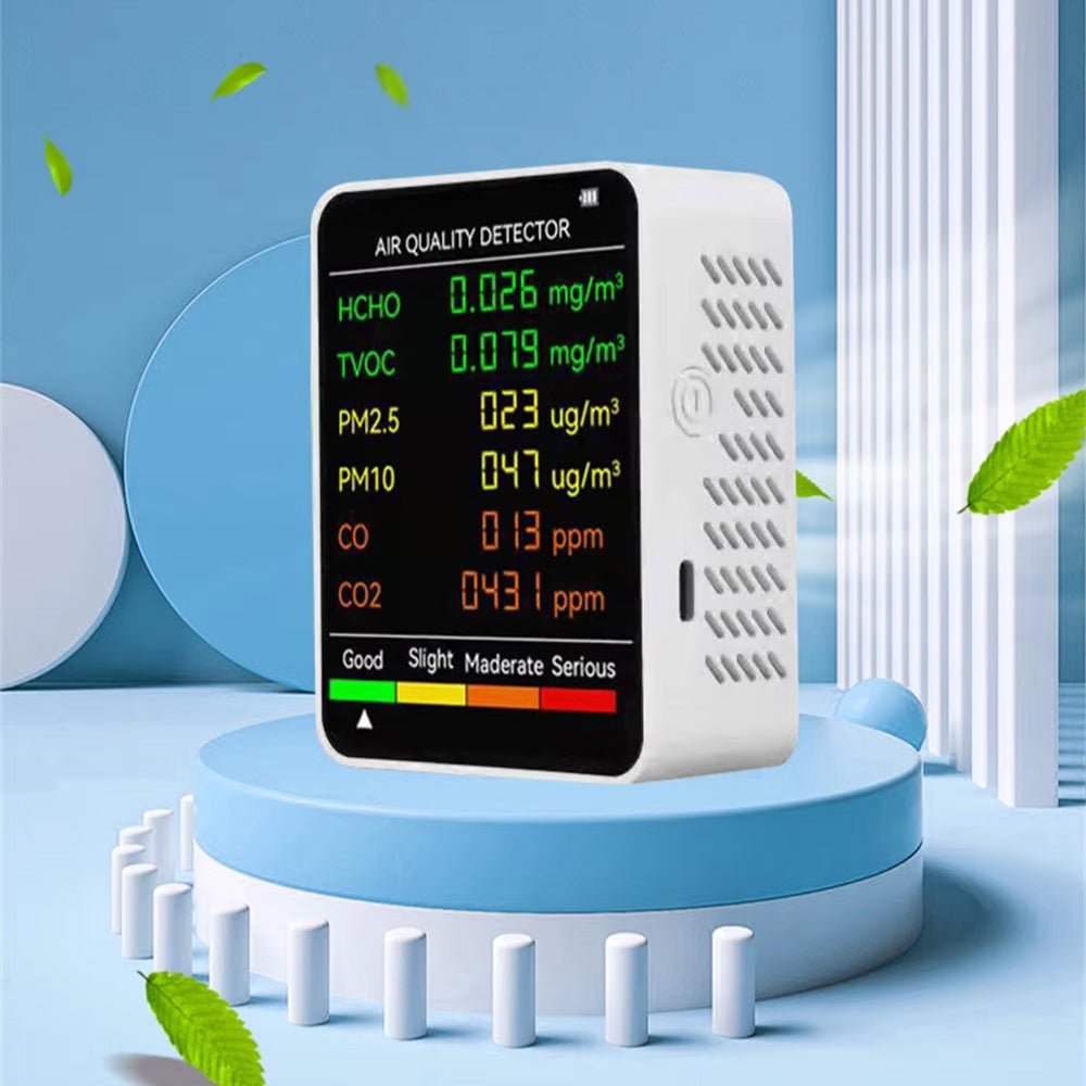 6-in-1 Air Quality Monitor, CO2, Temperature, Humidity, PM2.5, PM10, TVOC, Real-Time Indoor Climate Display | Sansoti