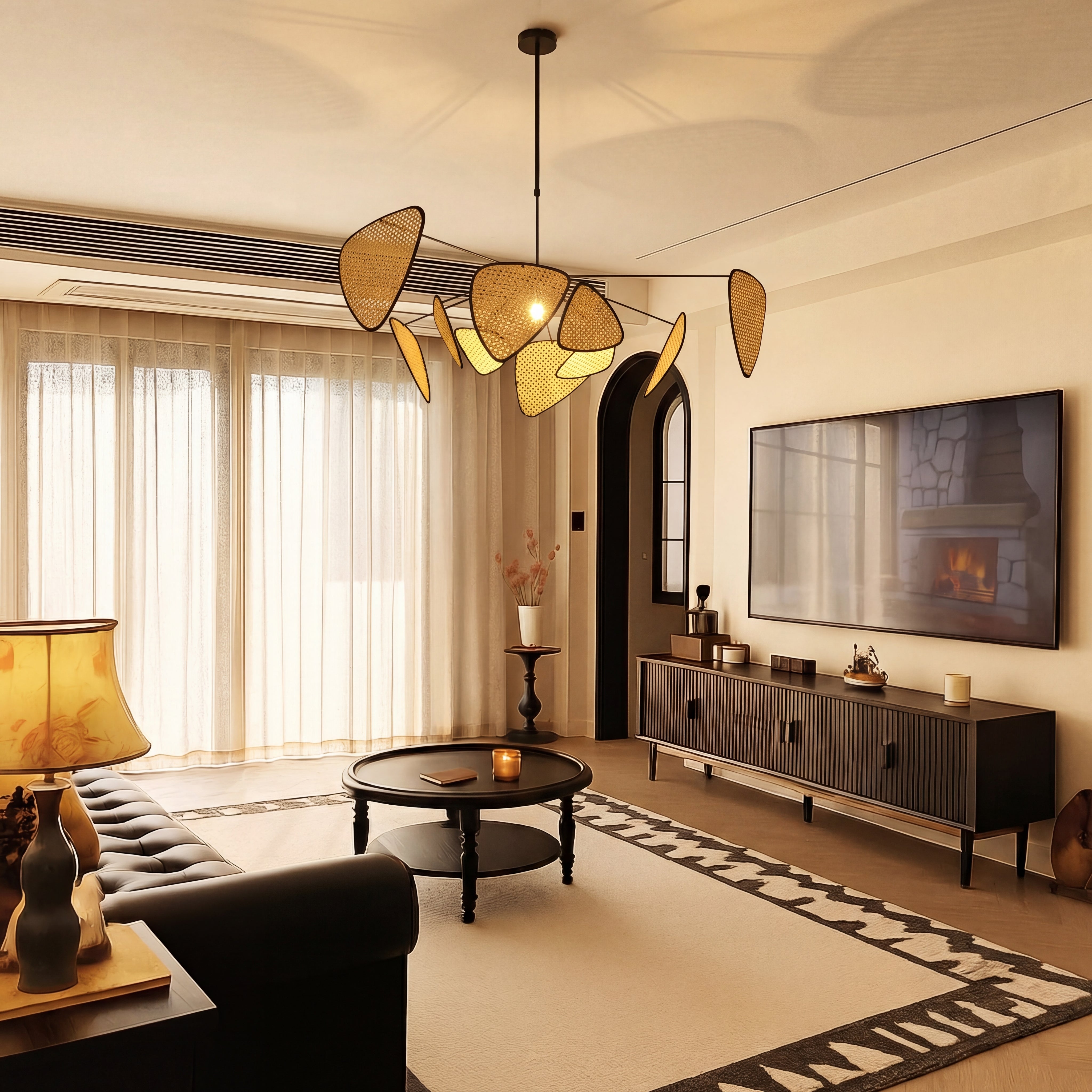 Geflochtene Rattan-Hängeleuchte Natürliches Design Warmweißes Licht Verstellbar Skandinavisches Stimmungsvolles Interieur | Sansoti