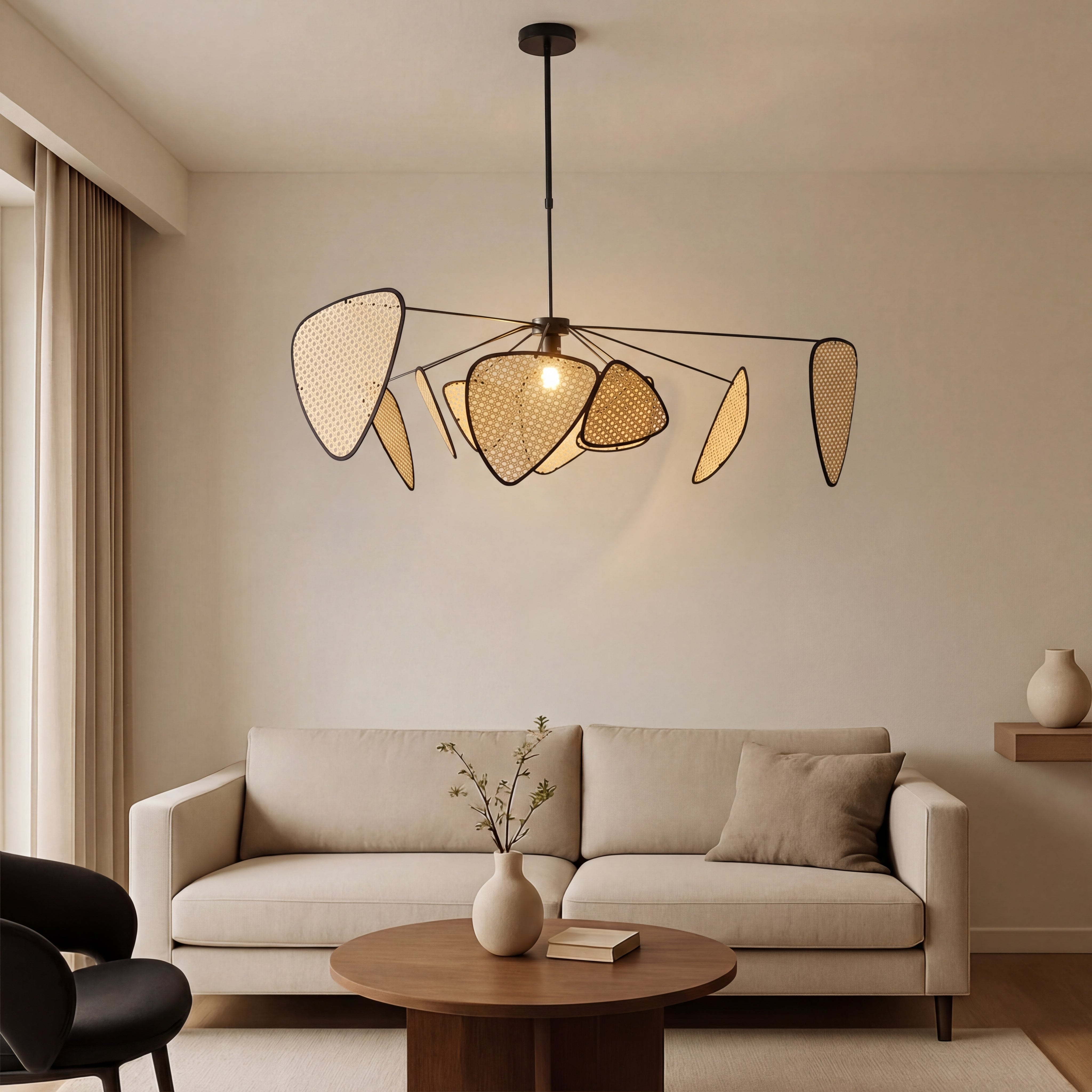 Geflochtene Rattan-Hängeleuchte Natürliches Design Warmweißes Licht Verstellbar Skandinavisches Stimmungsvolles Interieur | Sansoti