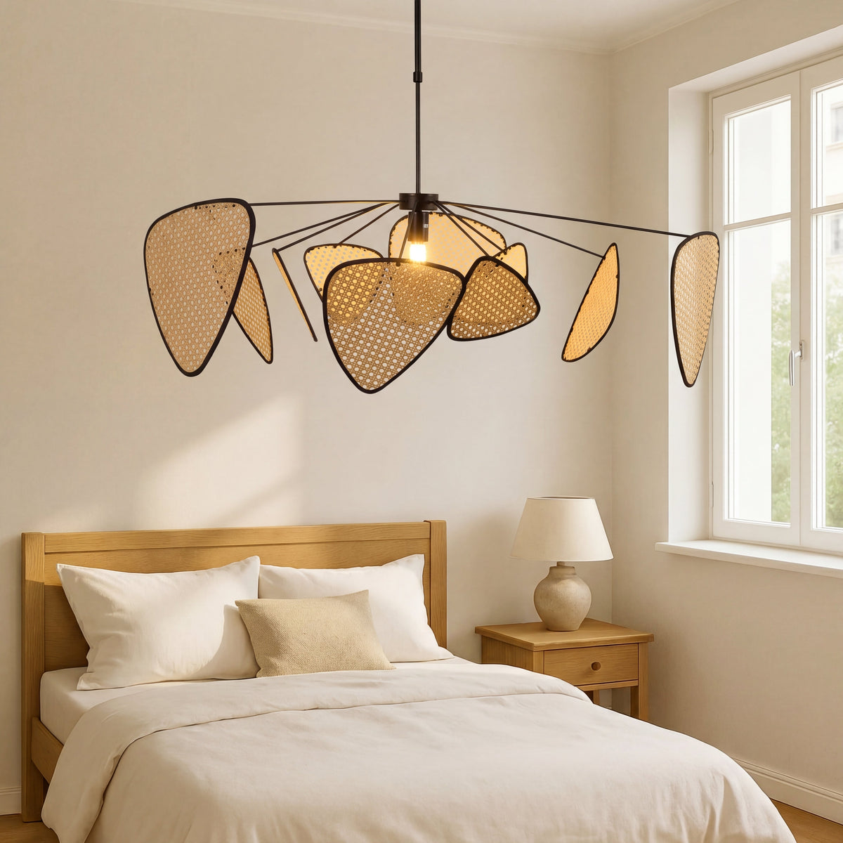 Geflochtene Rattan-Hängeleuchte Natürliches Design Warmweißes Licht Verstellbar Skandinavisches Stimmungsvolles Interieur | Sansoti