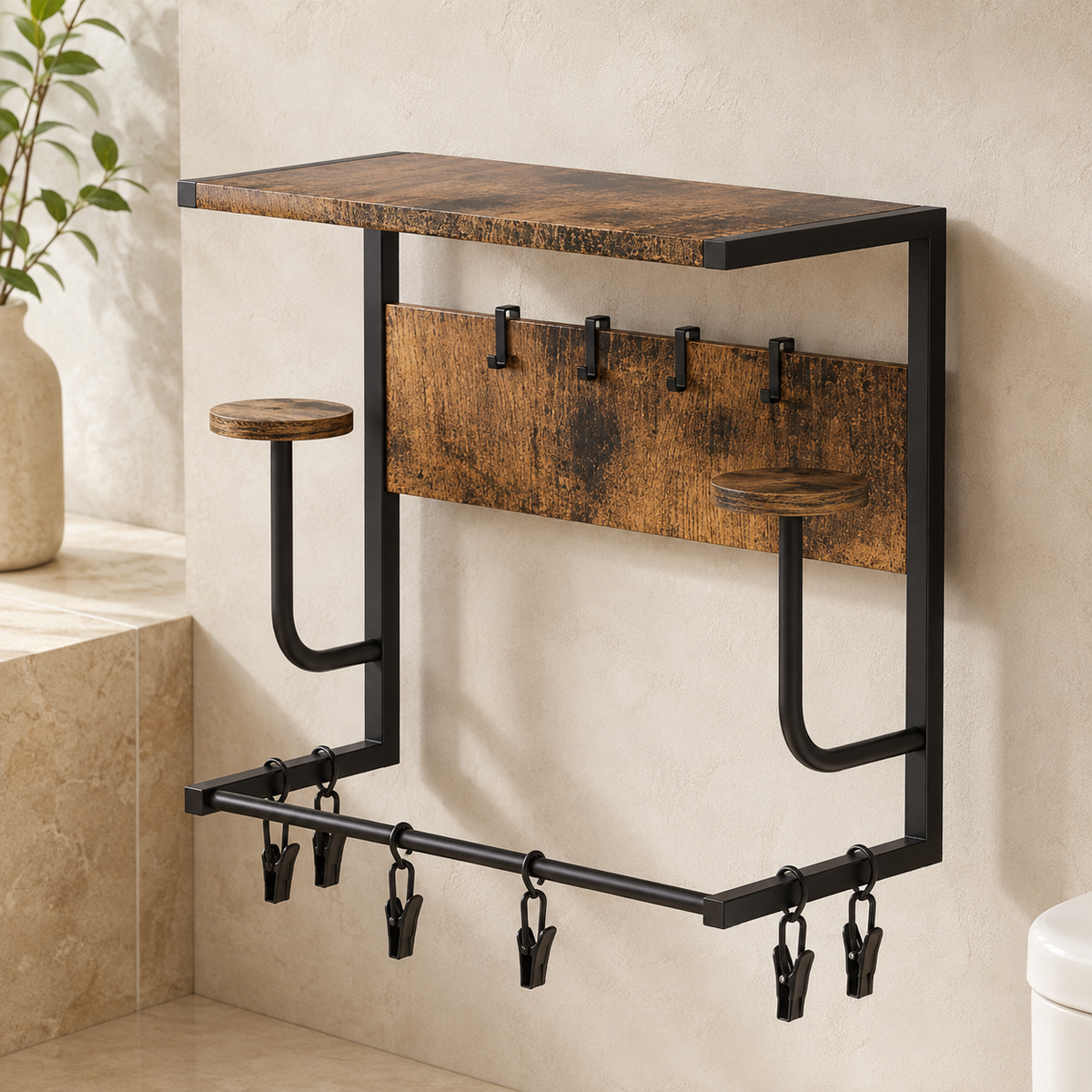 Wall-Mounted Coat Rack in Acacia Wood with Storage Shelf – 6 Sturdy Metal Hooks – Industrial Design for Entryway, Living Room, or Hallway | Sansoti