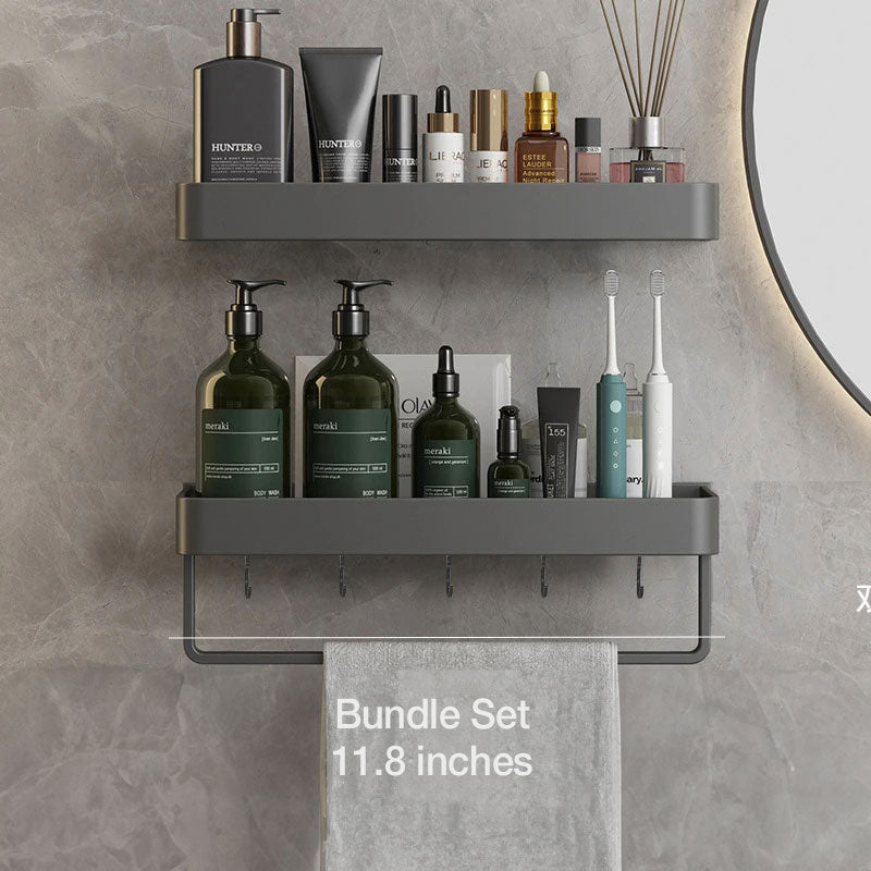 Badkamer plank aluminium zelfklevend 30cm grijs zwevend rek douche wandplank met handdoekhouder organizer badkamer | Sansoti