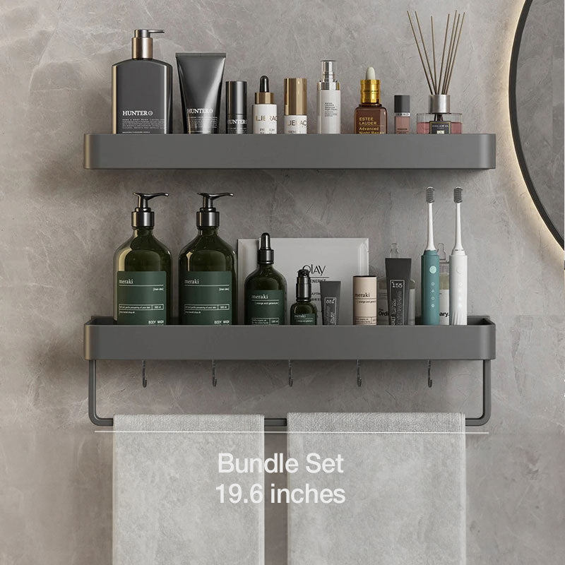 Badkamer plank aluminium zelfklevend 30cm grijs zwevend rek douche wandplank met handdoekhouder organizer badkamer | Sansoti