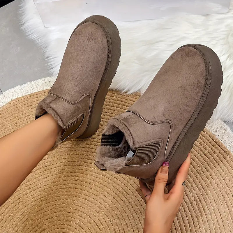 Fleece Slip-On Laarzen met Bontvoering Dames Platte Hak Ronde Neus Zachte Warme Winterlaarzen Beige Bruin Grijs Zwart | Sansoti