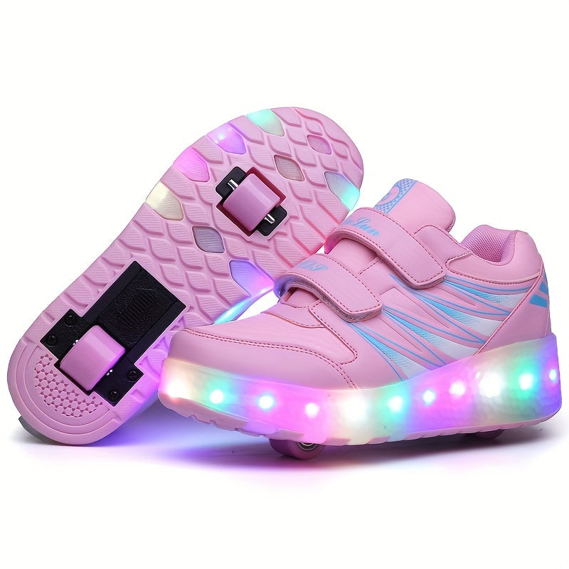 Roller sneakers kinderen LED kunstleer roze met wieltjes afneembaar schoenen skates lichtgevende kinderschoenen | Sansoti