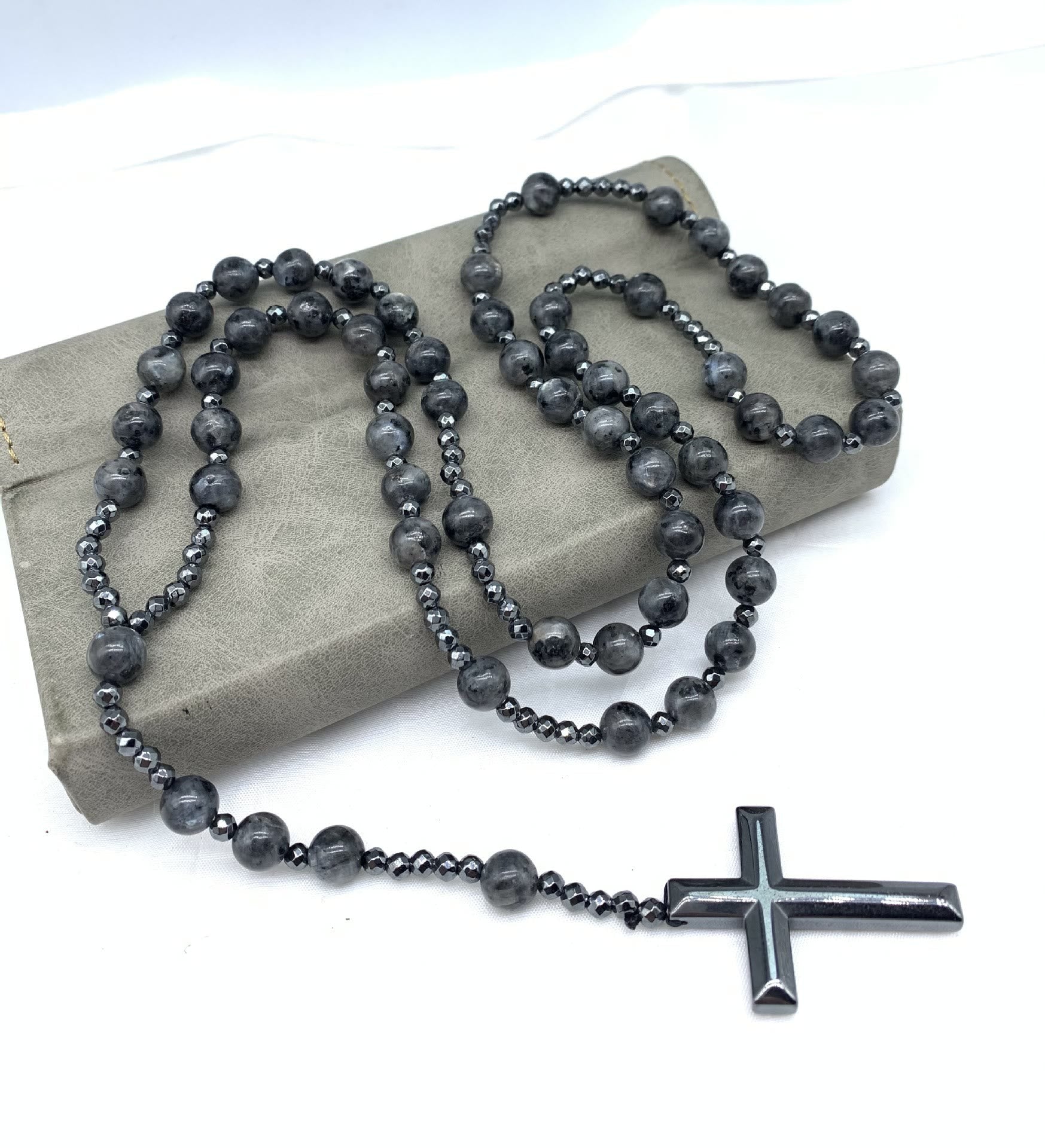 Natuursteen Rozenkrans Ketting met Kruis Hanger voor Mannen Zwart Blauw Groen Grijs | Sansoti