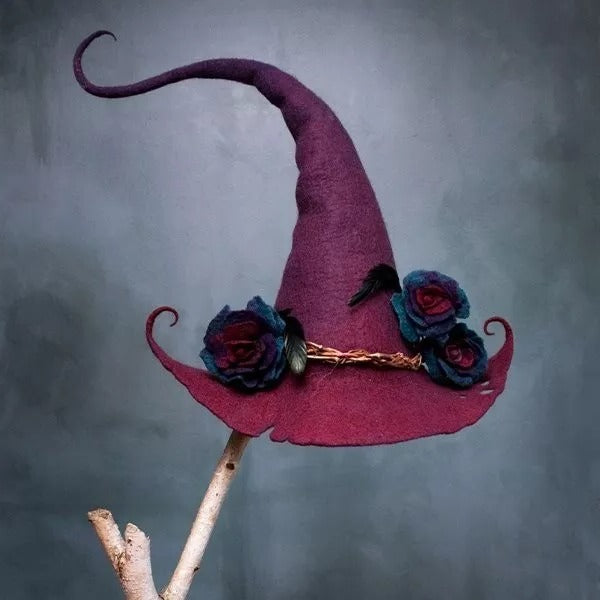Handgefertigter Hexenhut aus Filzwolle, lila, rot und blau, für Halloween, Partykostüm, Dekoration, Vintage-Accessoire | Sansoti