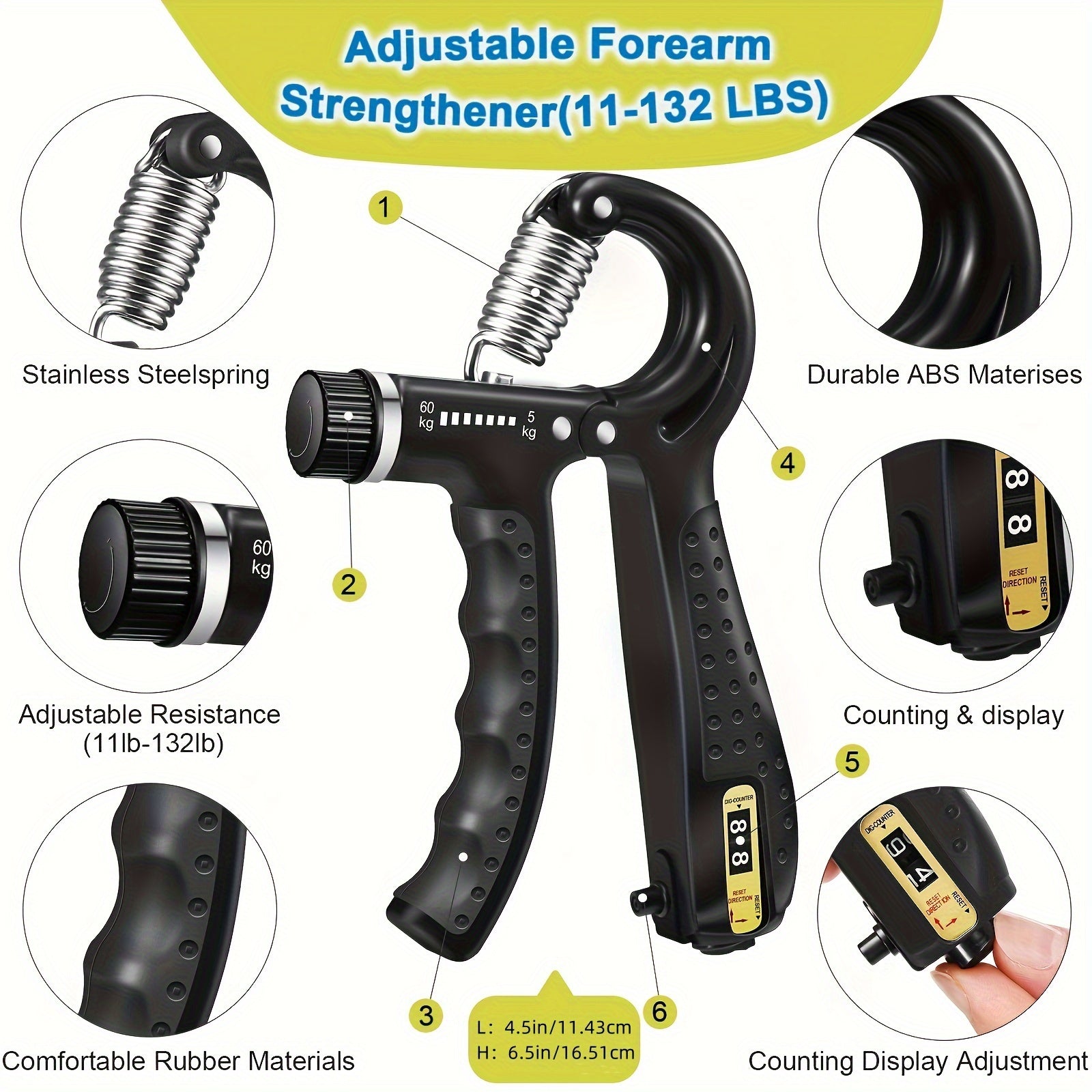 Handtrainer Set 5-in-1 voor Grip en Onderarmkracht Verstelbaar Weerstand met Vingertrainer en Krachtrubberbal | Sansoti
