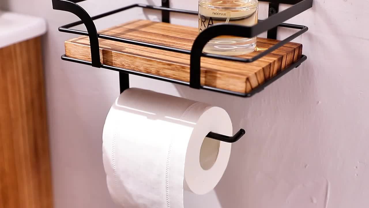 Wandplank Badkamer Smeedijzer Hout met Toiletrolhouder 20cm Zwart Toilet Opberger Wc Rek Muurplank | Sansoti