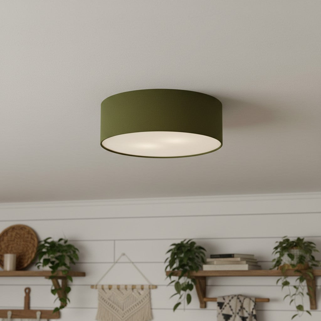 Linen ceiling lamp with drum shade, modern design, E27 socket, Scandinavian style, bedroom, living room | Sansoti