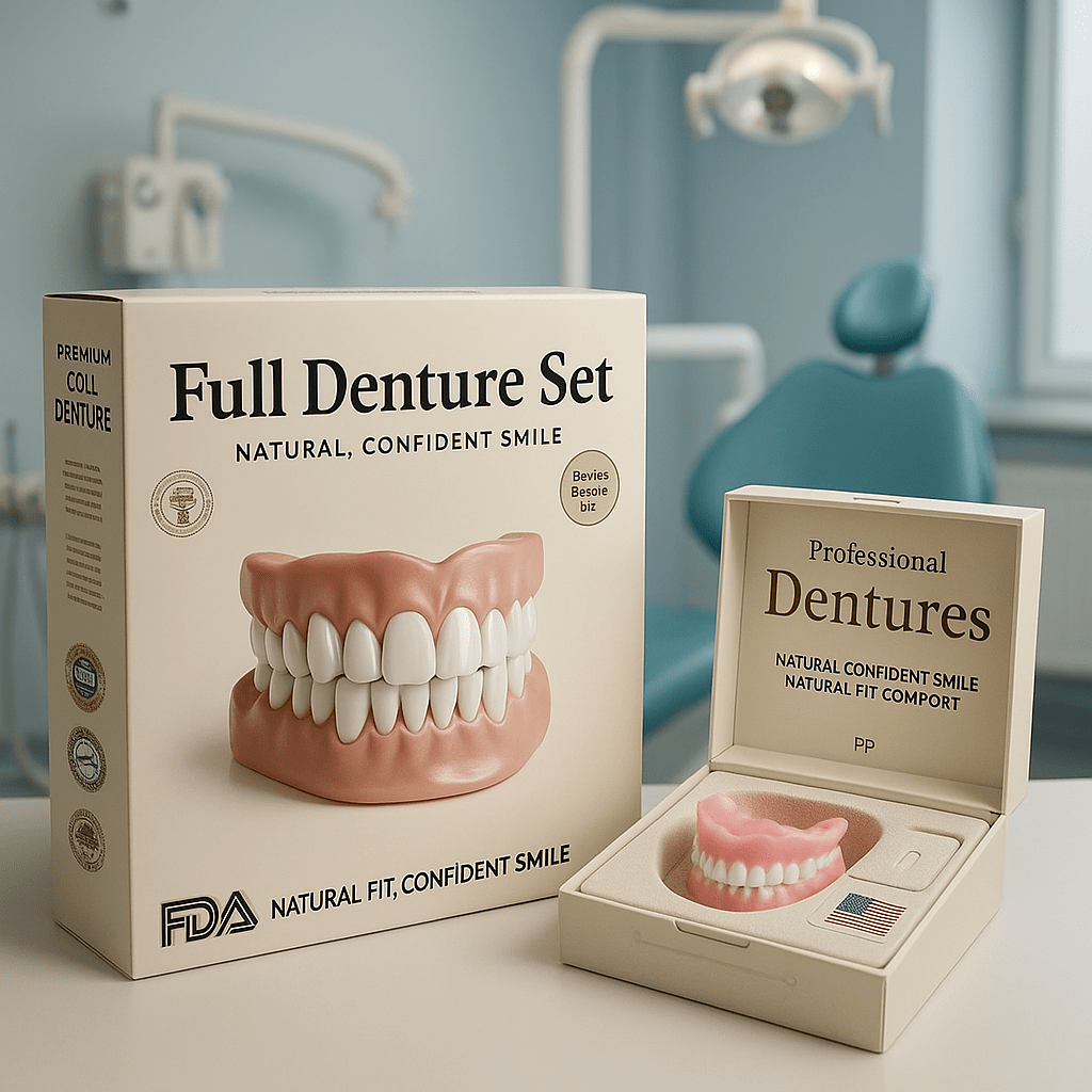 Adjustable cosmetic denture set, upper and lower, moldable, natural white, reusable tooth replacement | Sansoti