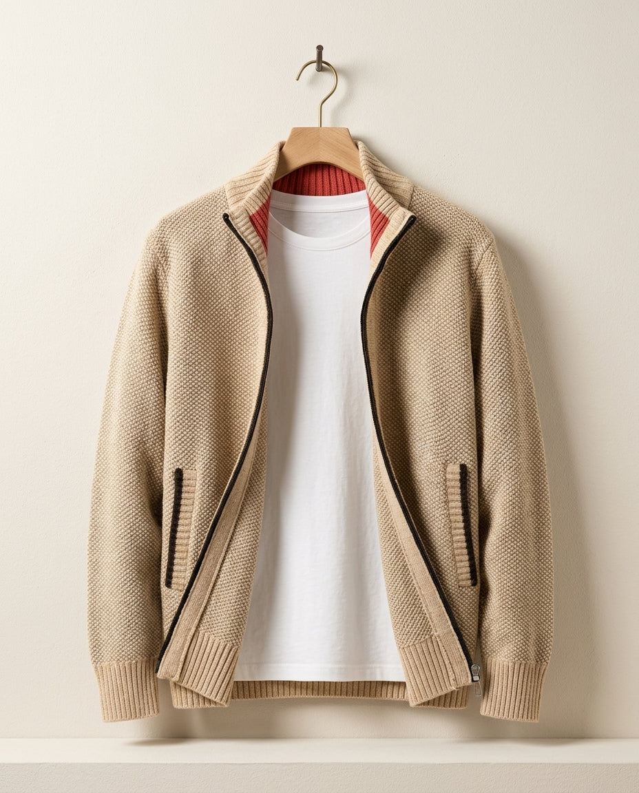 Knitted Men's Jacket with Fleece Lining - Ribbed Cuffs - Warm Midlayer Cardigan Vest | Sansoti