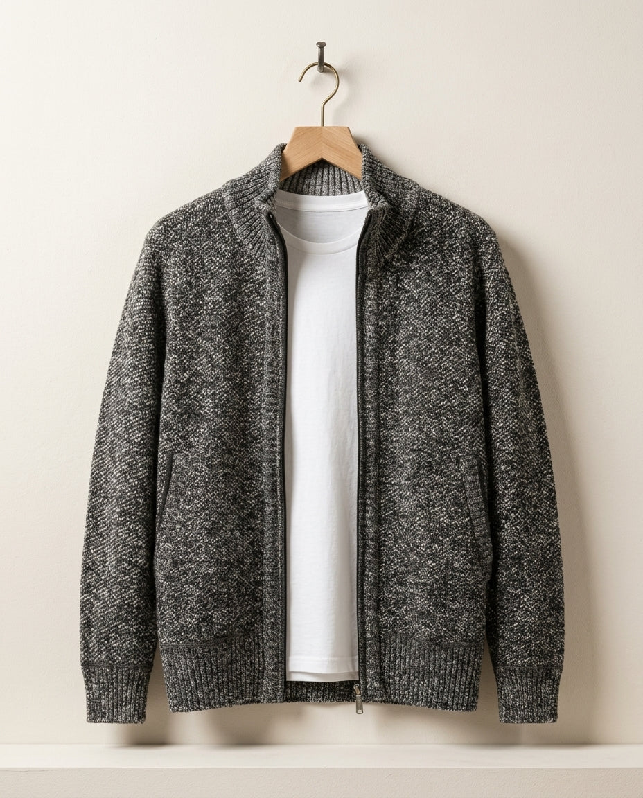 Knitted Men's Jacket with Fleece Lining - Ribbed Cuffs - Warm Midlayer Cardigan Vest | Sansoti