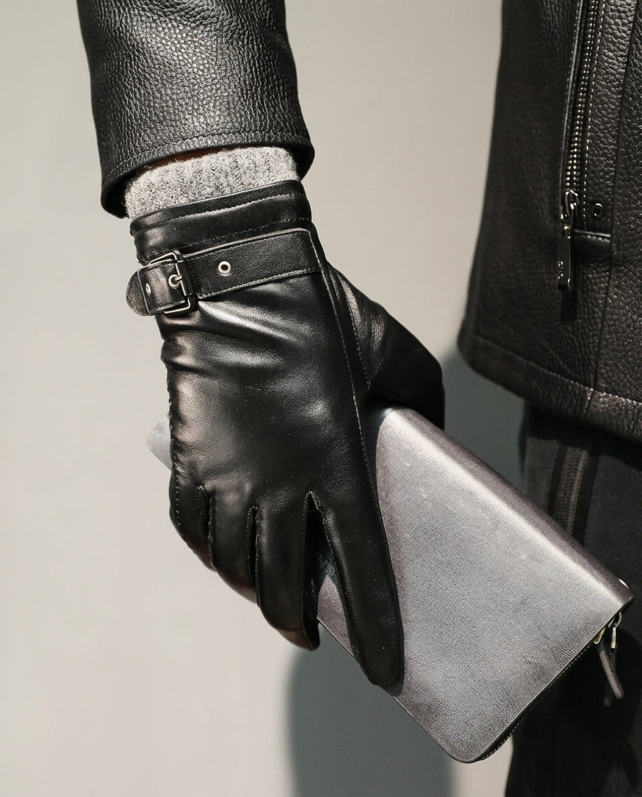 Lederhandschuhe für Herren mit Wollfutter, Riemchen am Handgelenk, Schwarz, Braun, Winteraccessoire, warme Fingerhandschuhe | Sansoti