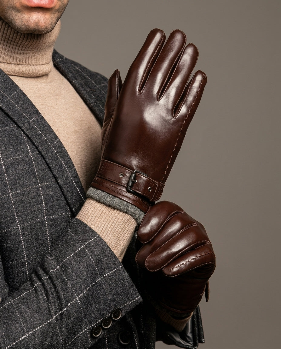 Lederhandschuhe für Herren mit Wollfutter, Riemchen am Handgelenk, Schwarz, Braun, Winteraccessoire, warme Fingerhandschuhe | Sansoti