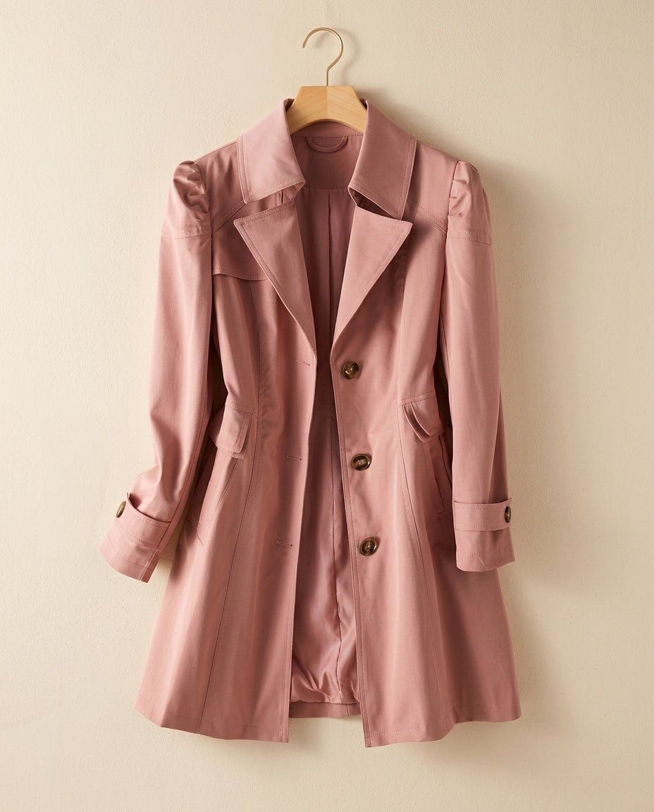 Women's Cotton Coat with Lapel Collar Black Pink Khaki Tailored Fit Button Closure Spring Autumn Elegant Style | Sansoti