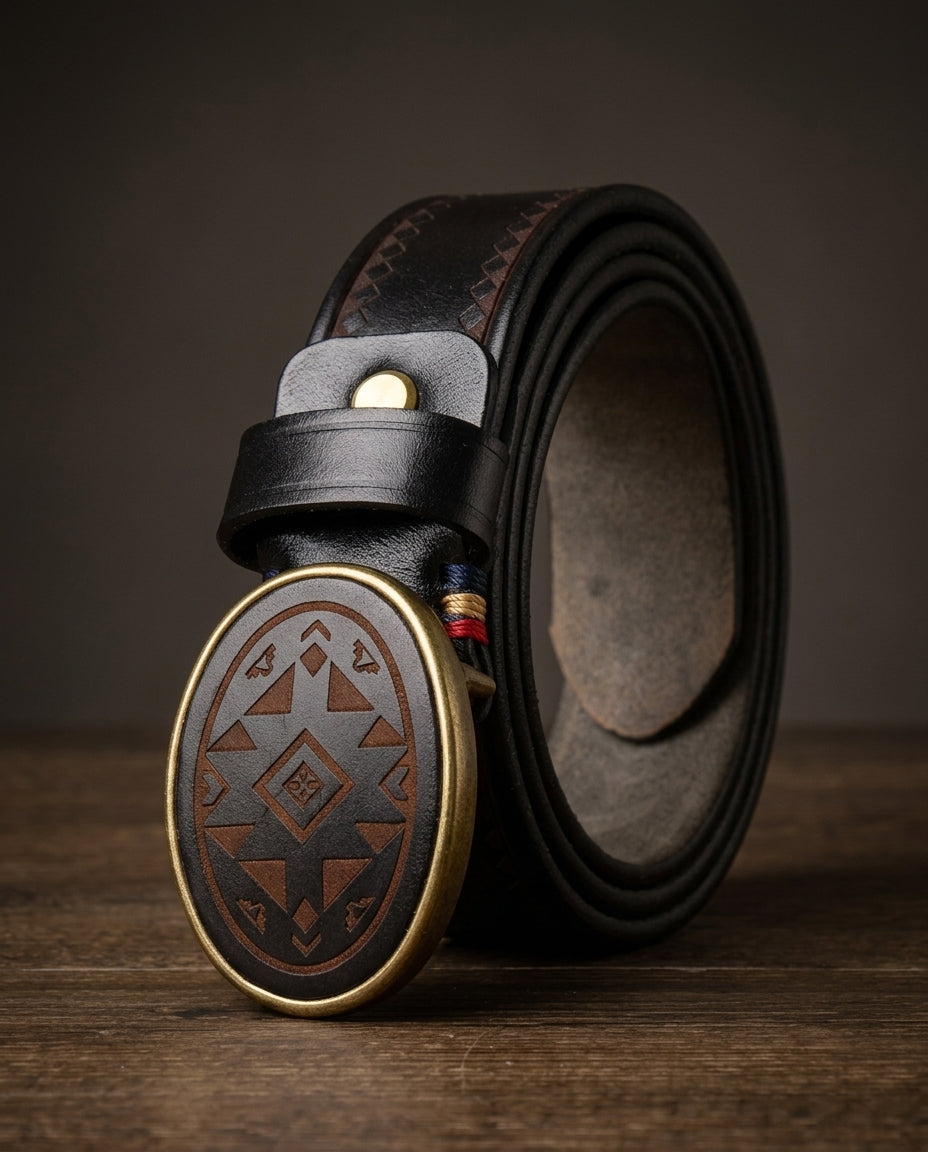 Engraved Leather Belt for Men with Sturdy Buckle, Subtle Detailing, Classic Style for Everyday Use | Sansoti