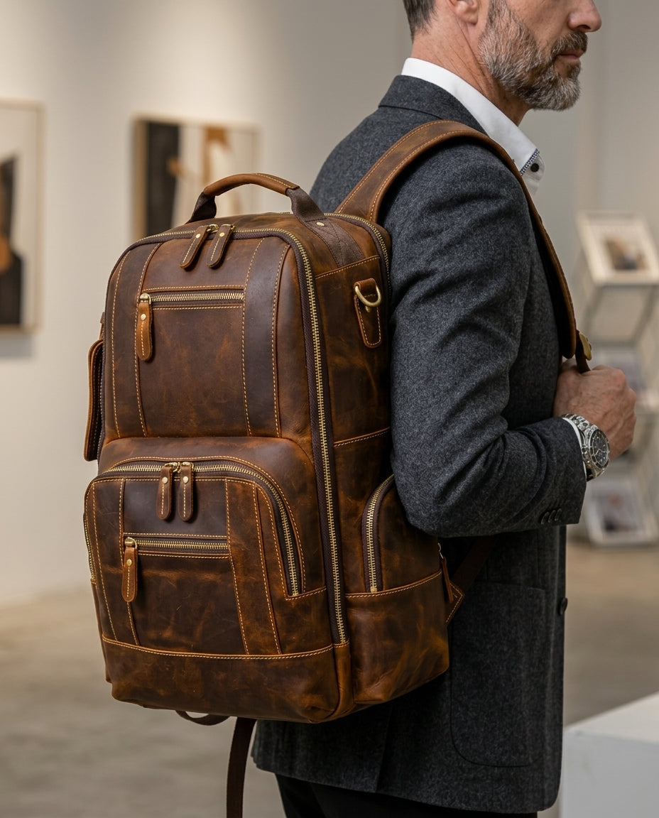 Vintage Brown Leather Backpack - Full-Grain Cowhide - 20-35L Laptop Bag - Arched Straps for Carrying Comfort | Sansoti