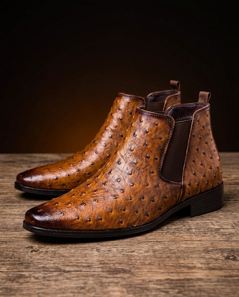 Herren-Chelsea-Stiefel aus Leder mit Straußenprint in Beige, Braun und Schwarz, klassische Schlupf-Stiefeletten für Herbst und Winter | Sansoti