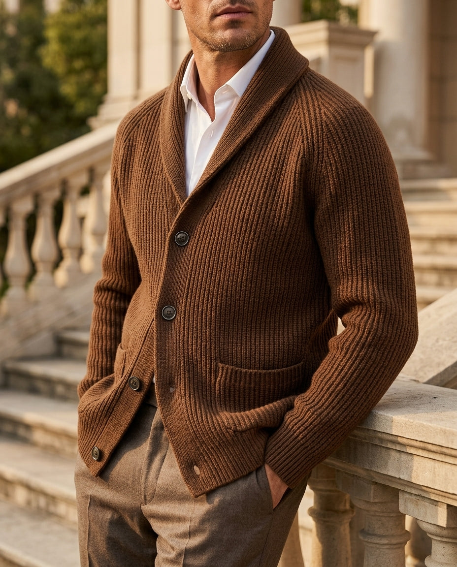 Gestrickte Strickjacke mit Schalkragen, Wolle, Rippstruktur, Herren, Knopfverschluss, Raglanärmel, Taschen, natürlich warm und bequem | Sansoti