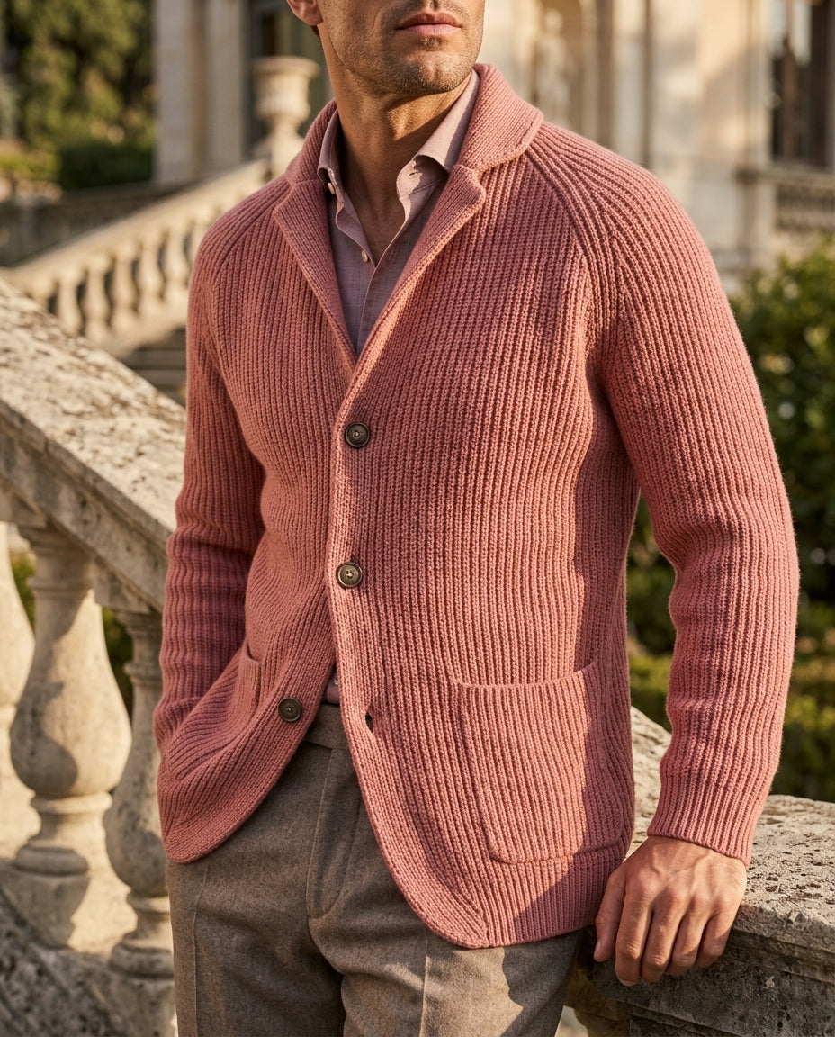 Gestrickte Strickjacke mit Schalkragen, Wolle, Rippstruktur, Herren, Knopfverschluss, Raglanärmel, Taschen, natürlich warm und bequem | Sansoti