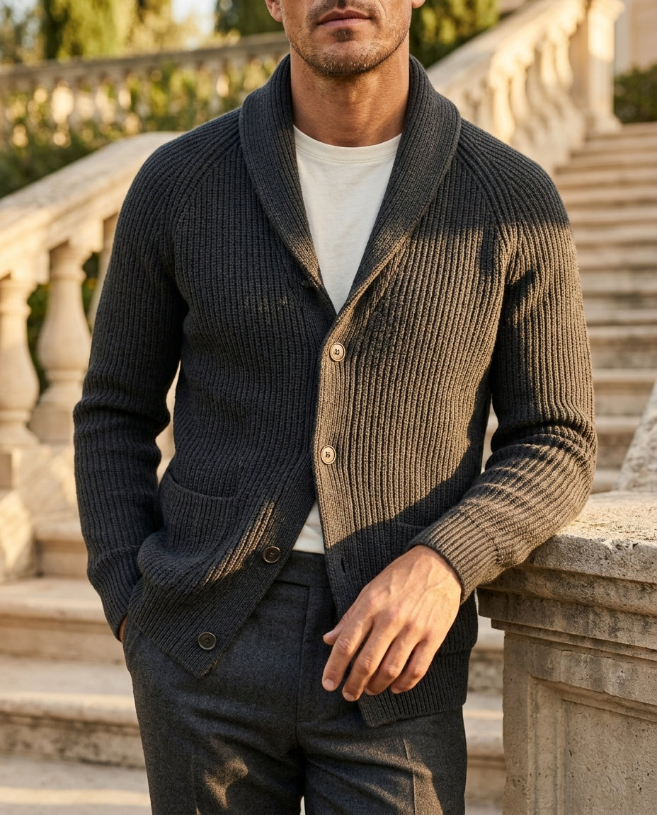 Gestrickte Strickjacke mit Schalkragen, Wolle, Rippstruktur, Herren, Knopfverschluss, Raglanärmel, Taschen, natürlich warm und bequem | Sansoti