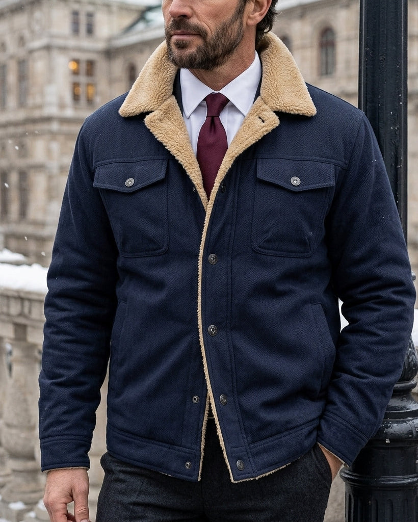 Sherpa-lined winter jacket for men with stand-up collar and chest pockets | Warm casual jacket for cold days | Sansoti