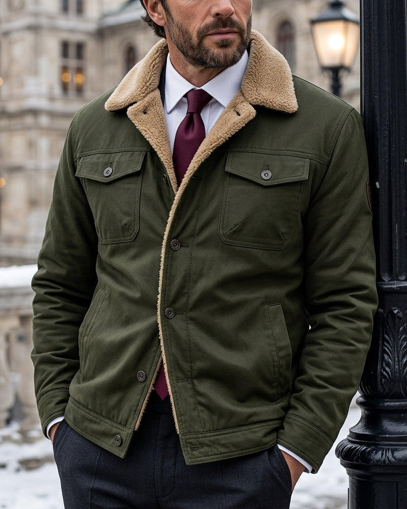Sherpa-lined winter jacket for men with stand-up collar and chest pockets | Warm casual jacket for cold days | Sansoti