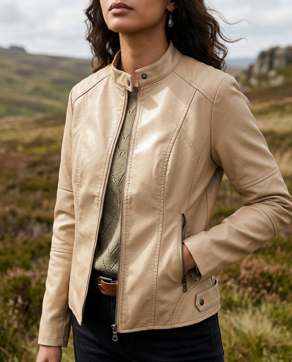Kurze Lederjacke Damen Kunstleder Bikerjacke Stehkragen Motorrad-Akzent Damenjacke Cropped Stilvoll Modern | Sansoti