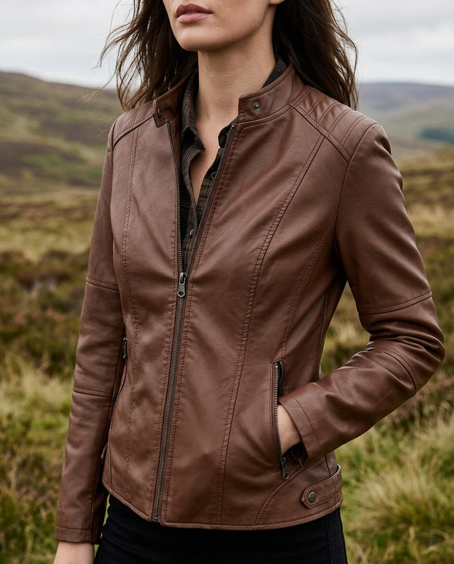Kurze Lederjacke Damen Kunstleder Bikerjacke Stehkragen Motorrad-Akzent Damenjacke Cropped Stilvoll Modern | Sansoti