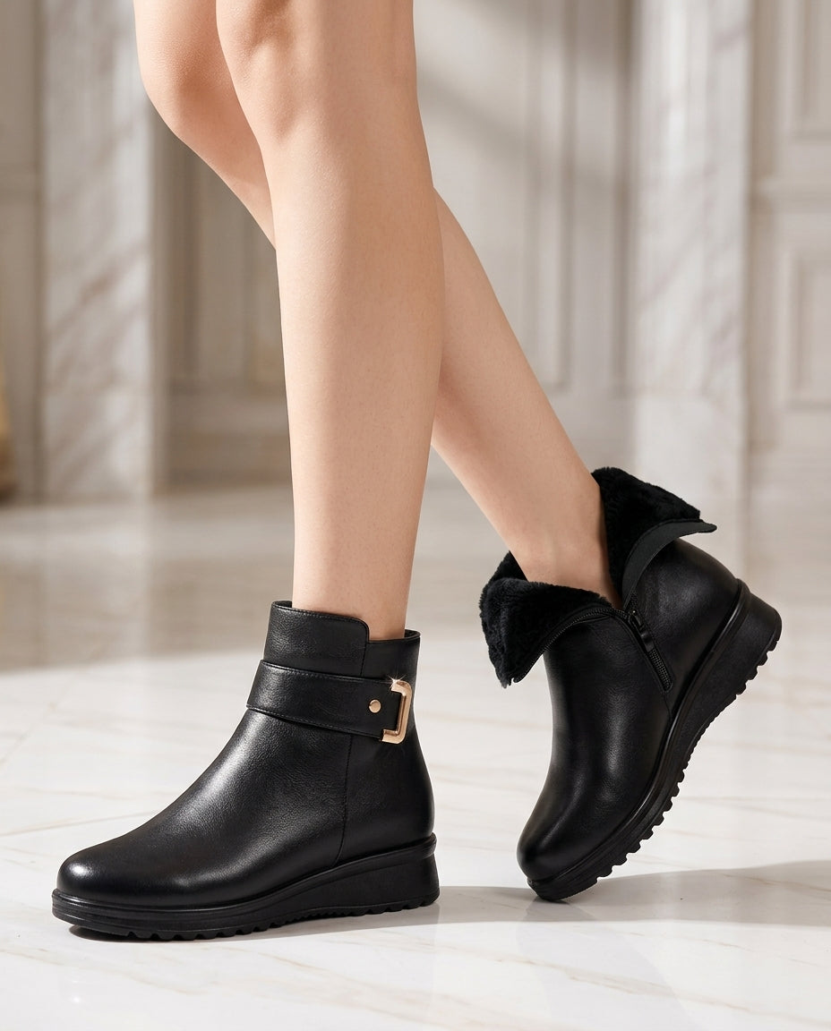 Bottes d’hiver antidérapantes pour femme, chaudes, doublées et imperméables, confortables, en similicuir, basses, noir et blanc | Sansoti