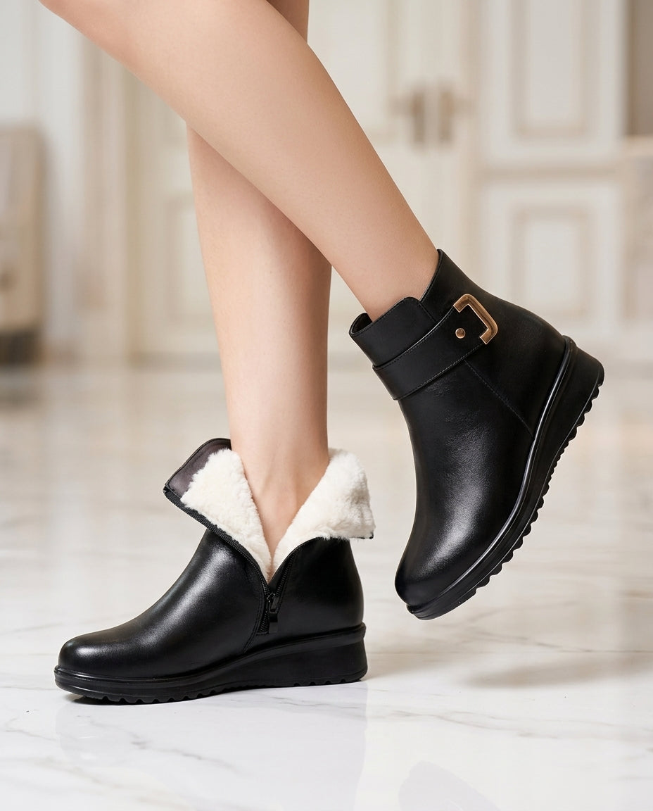 Bottes d’hiver antidérapantes pour femme, chaudes, doublées et imperméables, confortables, en similicuir, basses, noir et blanc | Sansoti