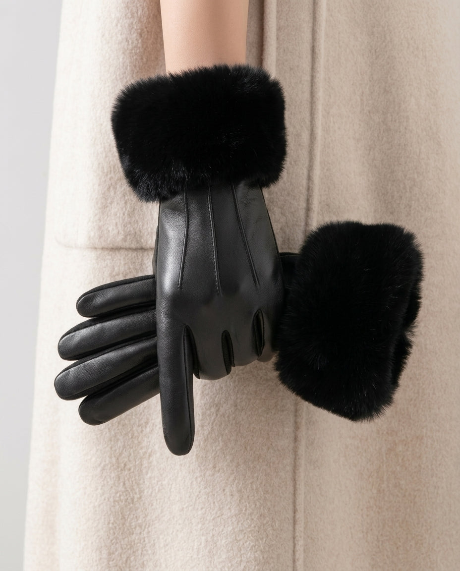 Dames Winterhandschoenen met Nepbont Manchet - Waterdicht Kunstleer - Warme Gevoerde Handschoenen - Één Maat | Sansoti