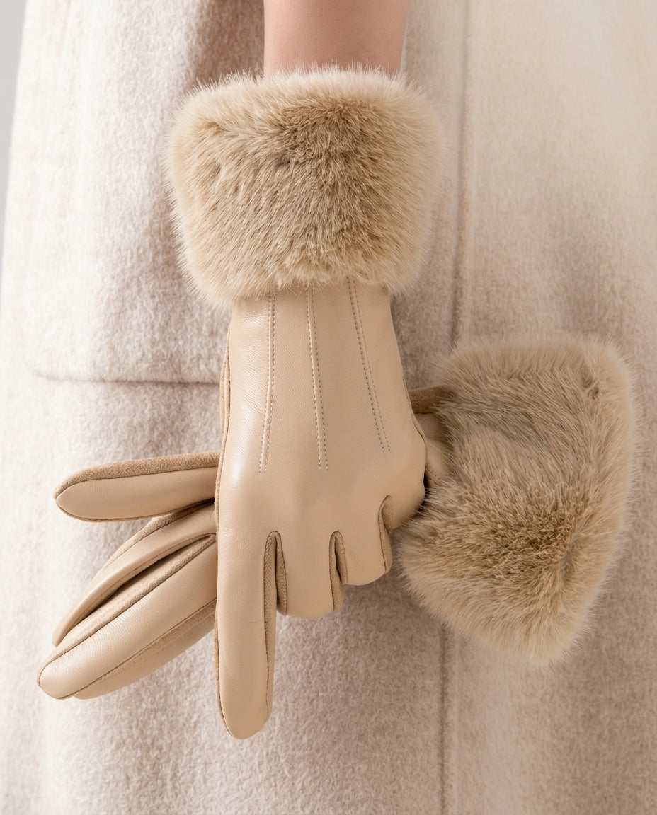 Dames Winterhandschoenen met Nepbont Manchet - Waterdicht Kunstleer - Warme Gevoerde Handschoenen - Één Maat | Sansoti